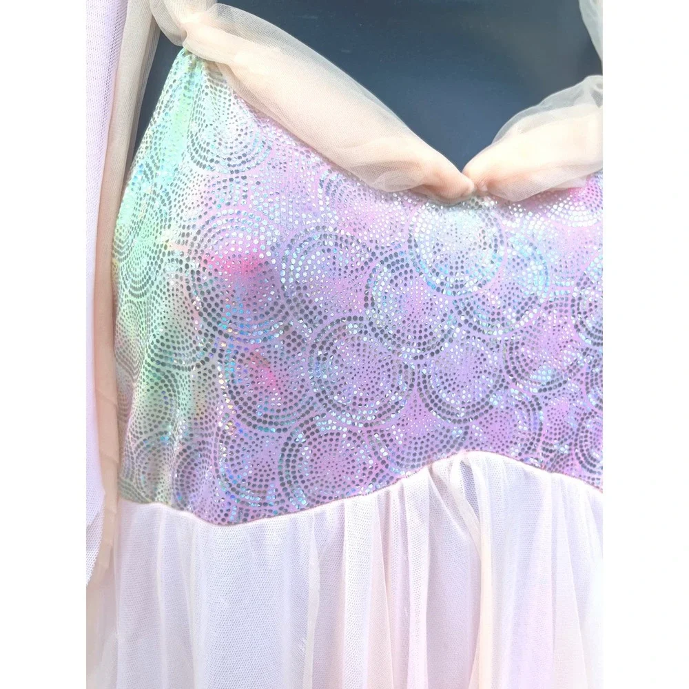 Holographic Sequin Lyrical Dance Costume Pink Peach Mesh Fairy Dress Leotard - Picture 4 of 7